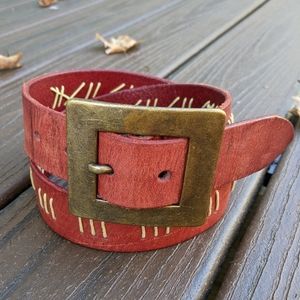 Red Leather Belt with Threaded Details - Express S